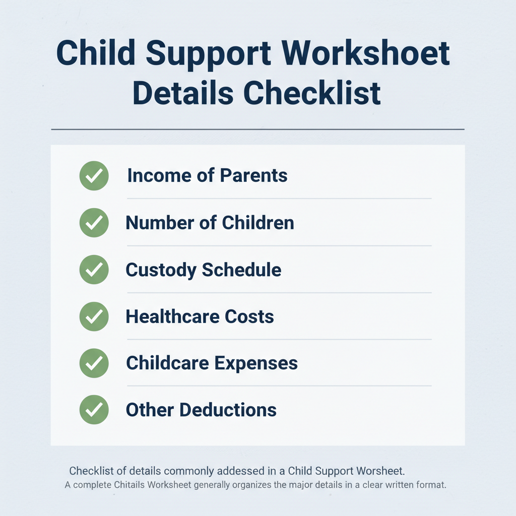 Checklist of details commonly addressed in a Child Support Worksheet.