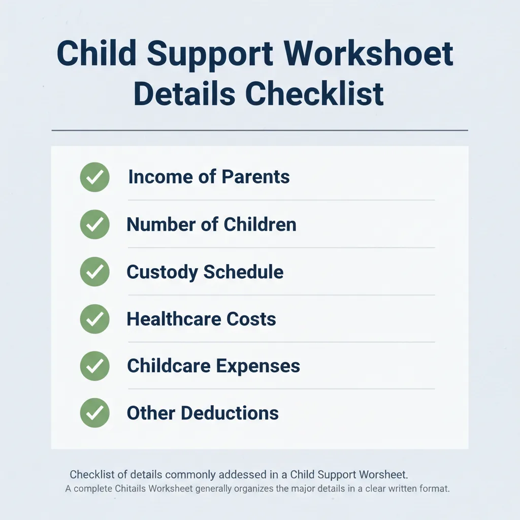 Checklist of details commonly addressed in a Child Support Worksheet.