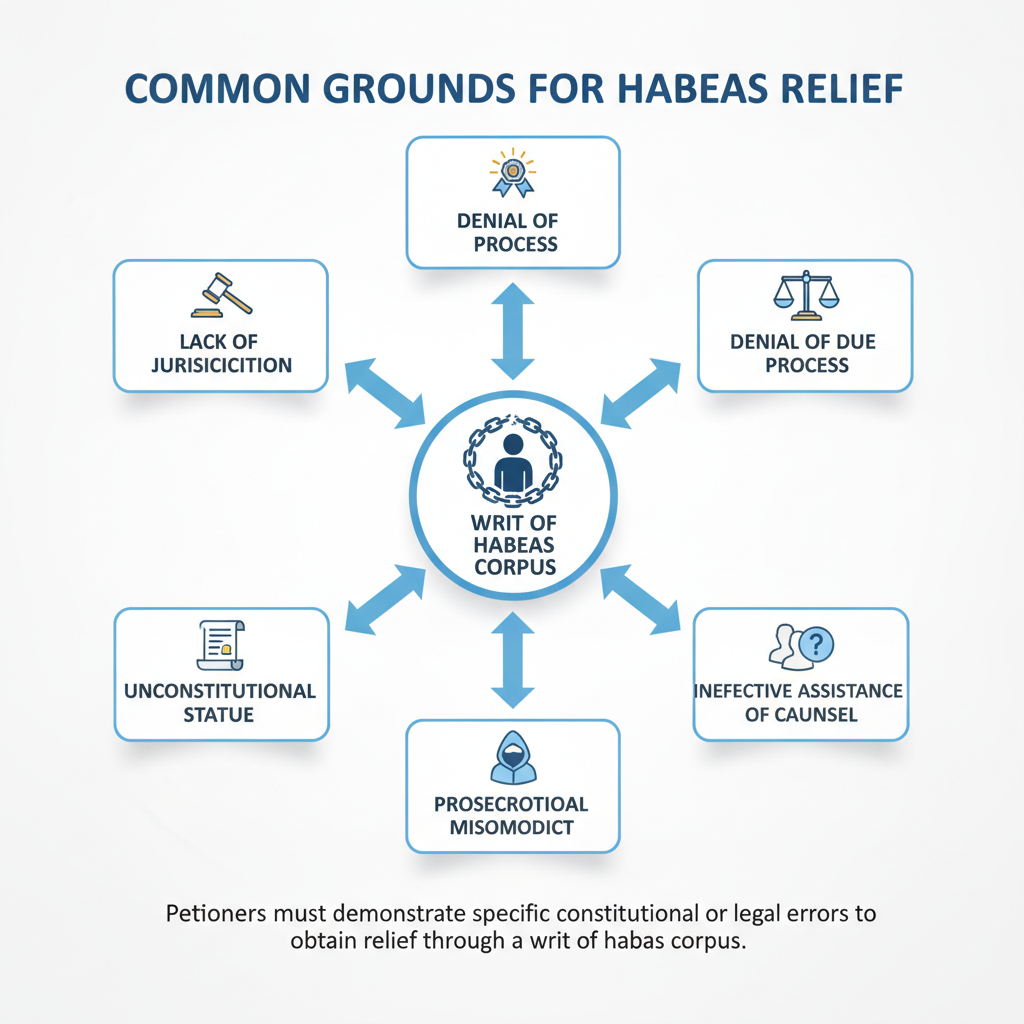 Diagram illustrating the common legal grounds for filing a habeas corpus petition, such as lack of jurisdiction, unconstitutional statute, denial of due process, ineffective assist