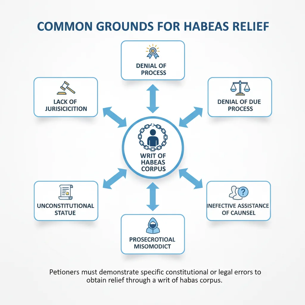 Diagram illustrating the common legal grounds for filing a habeas corpus petition, such as lack of jurisdiction, unconstitutional statute, denial of due process, ineffective assist