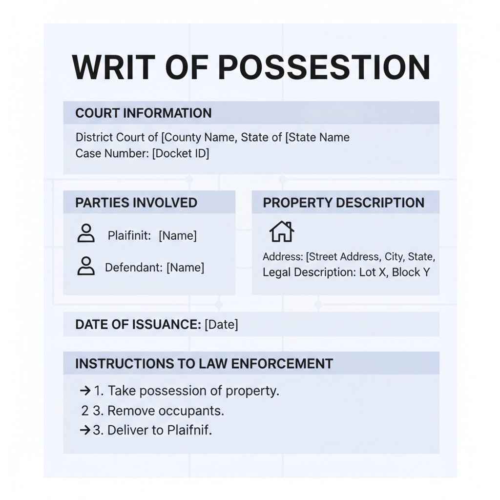Illustration of a generic Writ of Possession document, highlighting its key elements such as court information, parties involved, property description, and instructions for executi