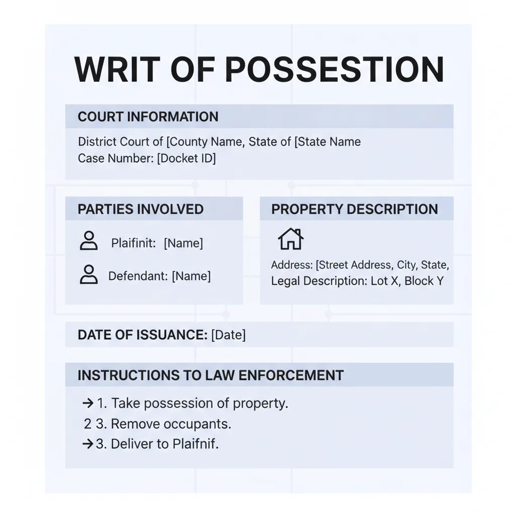 Illustration of a generic Writ of Possession document, highlighting its key elements such as court information, parties involved, property description, and instructions for executi
