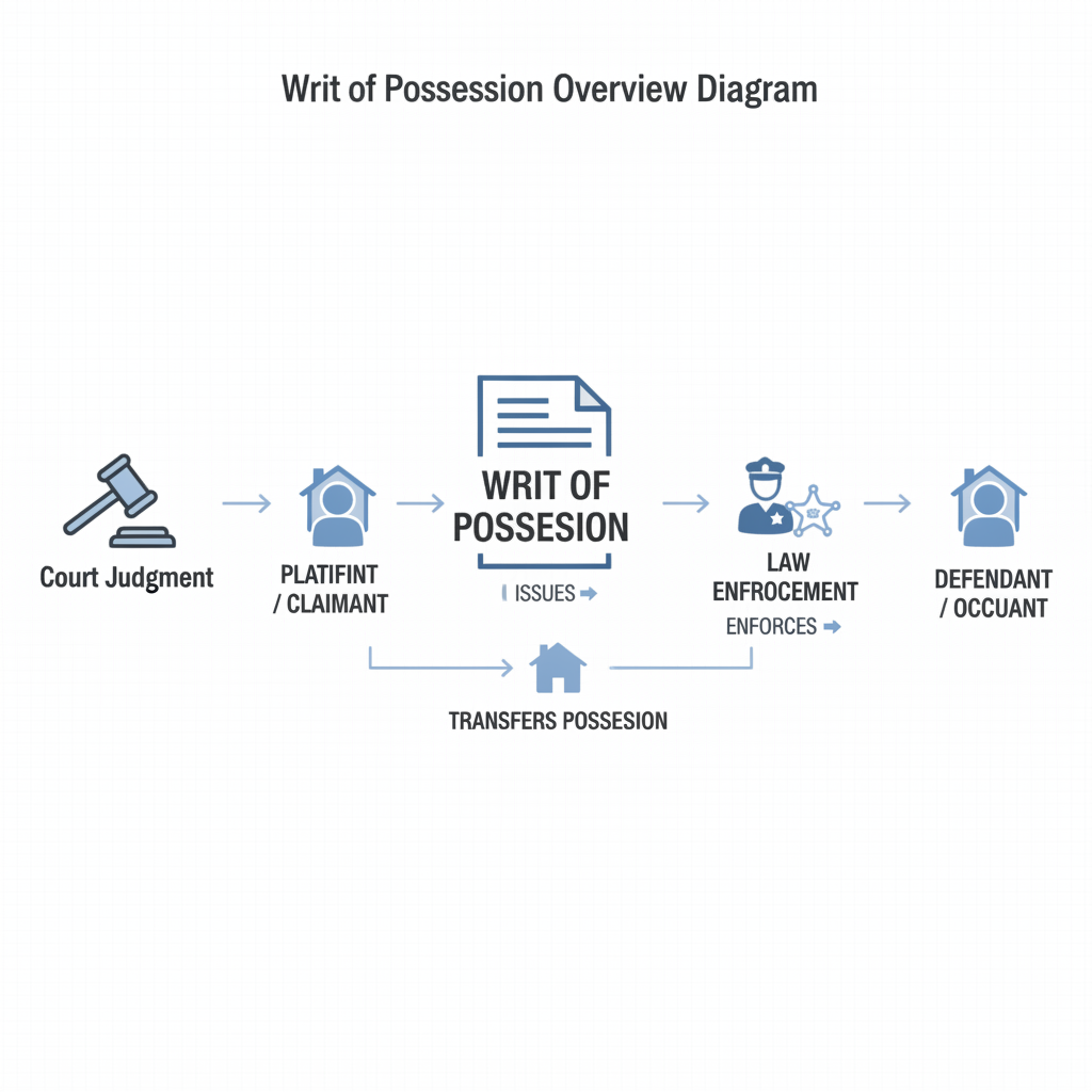Diagram illustrating the process and parties involved in a Writ of Possession, showing court judgment leading to writ, enforced by law enforcement to transfer property possession.