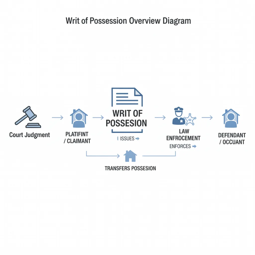 Diagram illustrating the process and parties involved in a Writ of Possession, showing court judgment leading to writ, enforced by law enforcement to transfer property possession.