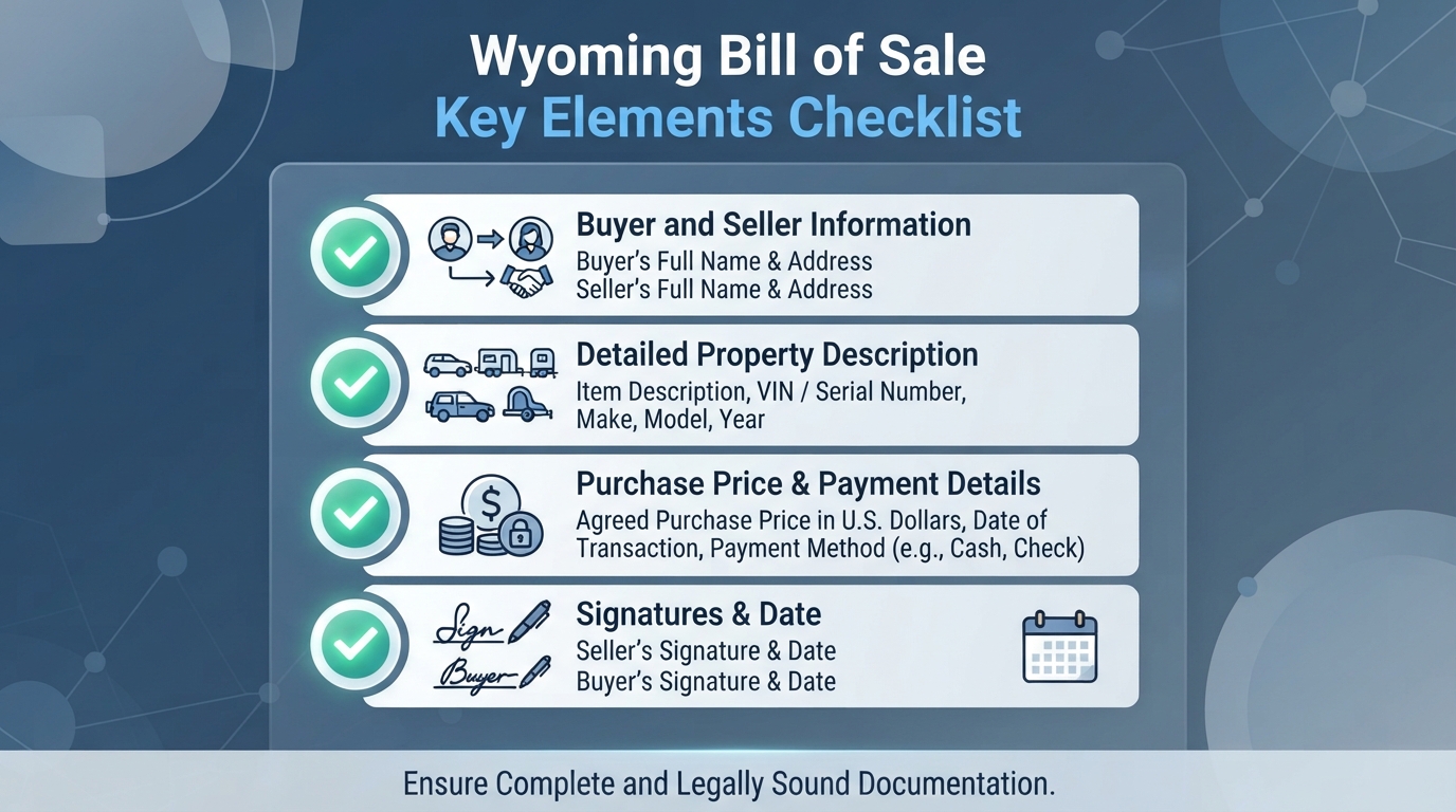 Checklist of essential elements required in a Wyoming Bill of Sale.