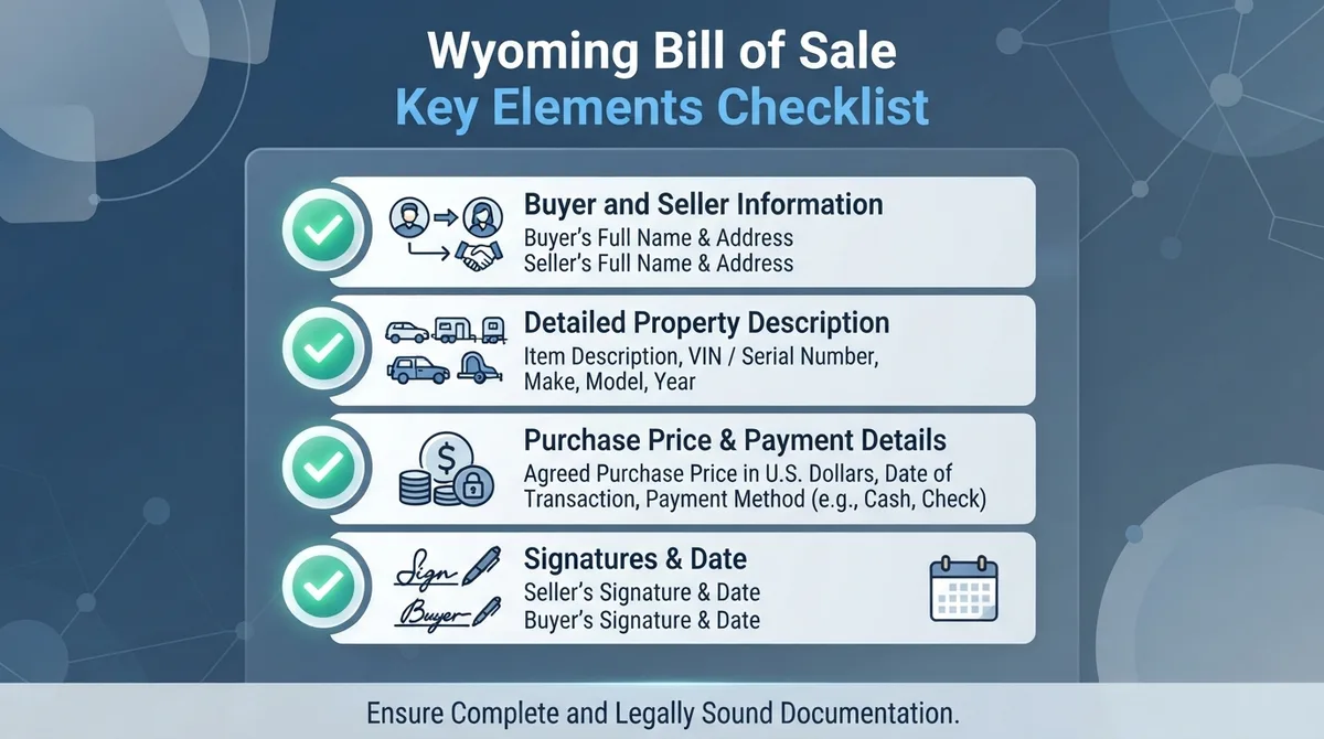 Checklist of essential elements required in a Wyoming Bill of Sale.