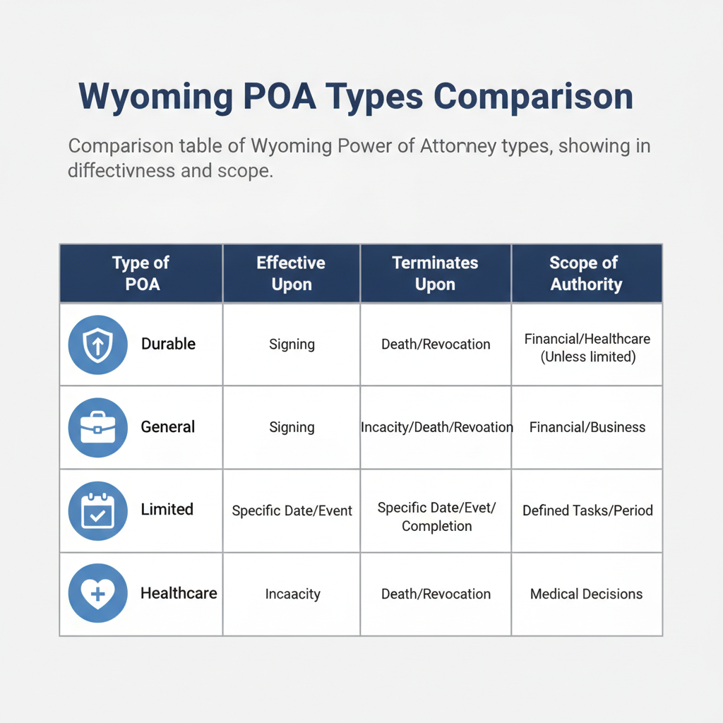 Comparison table of Wyoming Power of Attorney types, showing differences in effectiveness and scope.